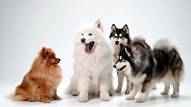 Four Diverse Dogs Posing Together in Studio Against White Background