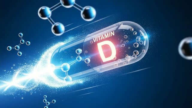 Vitamin D Capsule: A captivating visual highlighting a vitamin D capsule, encased within a clear shell, against a backdrop of molecular structures.