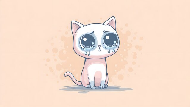 A cartoon white cat with tears and a frown on a peach background with a cinematic illustration style and melancholic mood.