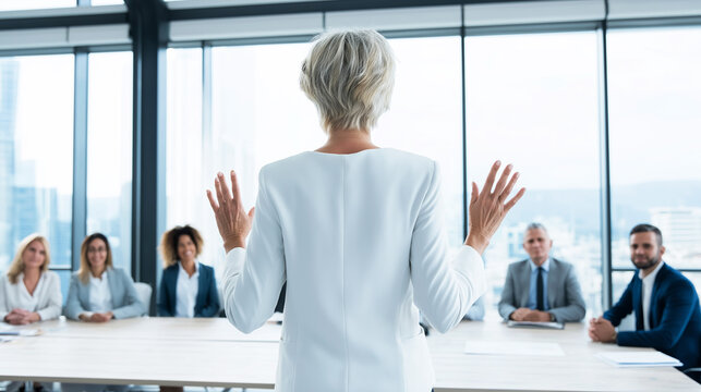 Senior female leader speaking with open hands to an attentive audience, discussing strategy and communicating ideas