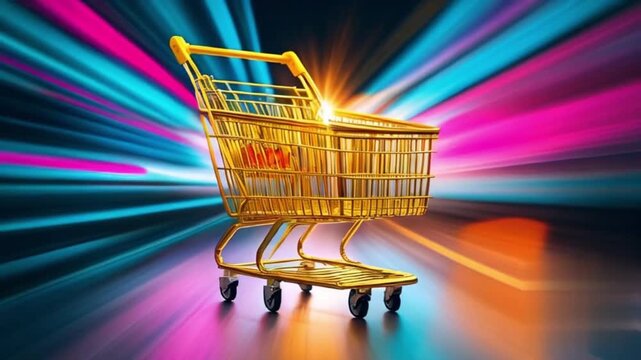 A bright neon-toned shopping cart sprints through a rainbow-lit tunnel; light streaks blur into motion, evoking speed, consumer culture, and futuristic retail energy; 4K and HD