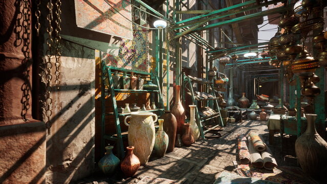 sunlit pottery market alley filled with ceramics, artisans arranging vases and amphorae on weathered shelves, warm golden beams casting dramatic shadows