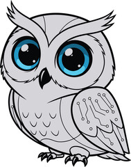 Fototapeta premium A stylized cartoon owl with bright blue eyes and soft grey and white feathers