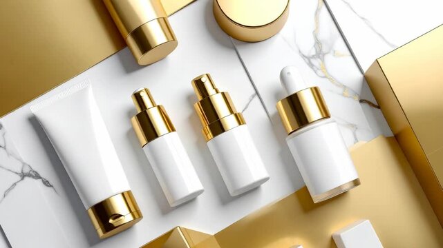 Minimalist luxury skincare packaging collection featuring white containers with gold accents on marble