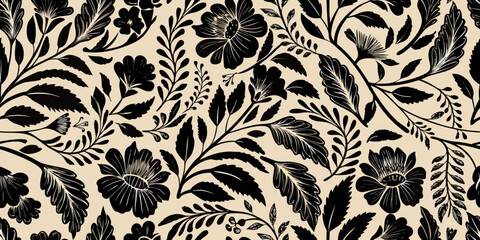 Intricate black floral pattern on a beige background seamless design © Shahabuddin