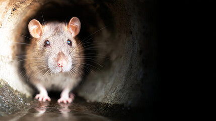 Brown rat looking out from dark concrete pipe entrance. Rodent emerging from hidden underground tunnel, facing uncertainty