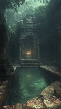 Eerie Temple Pool Under Canopy: A Hidden Sanctuary's Mysterious Serenity