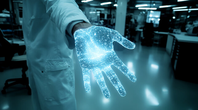 Mensch-Maschine-Schnittstelle in der Medizin: Digitale Hand eines Wissenschaftlers im Labor als Symbol f&uuml;r KI-gest&uuml;tzte Forschung und Datenanalyse