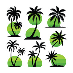 Obraz premium Tropical Palm Tree Silhouettes, Vibrant Green Sunsets, Exotic Beach Vacation Vector Icons, Summer Holiday Paradise Elements