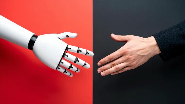 Robotic hand and human hand reaching for a handshake on split red and black background symbolizing future AI technology