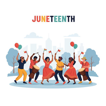 A vibrant illustration captures diverse individuals joyfully celebrating Juneteenth with music, dance, and festive decorations, symbolizing freedom and unity.