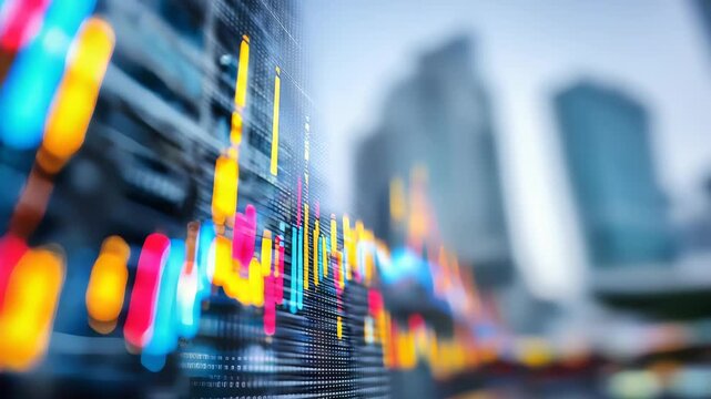 Dynamic digital stock market chart with colorful candlestick patterns and financial data overlays, set against a blurred cityscape background. Modern finance and technology concept