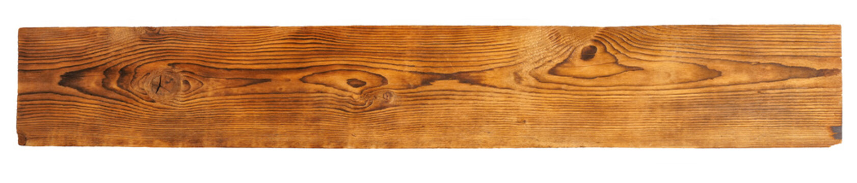 A detailed top-down view of a single rustic wooden board isolated on a clean white background. The warm brown surface shows a beautiful natural grain, knots, and texture. Perfect for backgrounds.