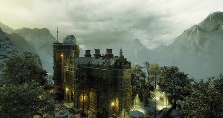 lantern lit fortress nestled in forest, rooftop towers and battlements glowing through drifting mist, wet stone texture and dense canopy creating secretive © icetray