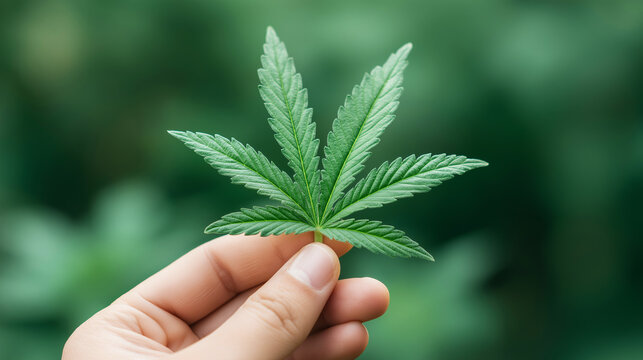 Hand holding fresh cannabis leaf, showing legal cultivation, health benefit, and natural medicine concepts