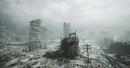 vast ruined plaza strewn with debris and collapsed storefronts, broken spire rises on horizon through mist, weathered pavement and scattered signage suggest © icetray