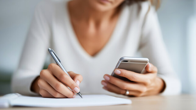 Woman writing important notes in a notebook, using a mobile phone to manage information and communicate for business and study