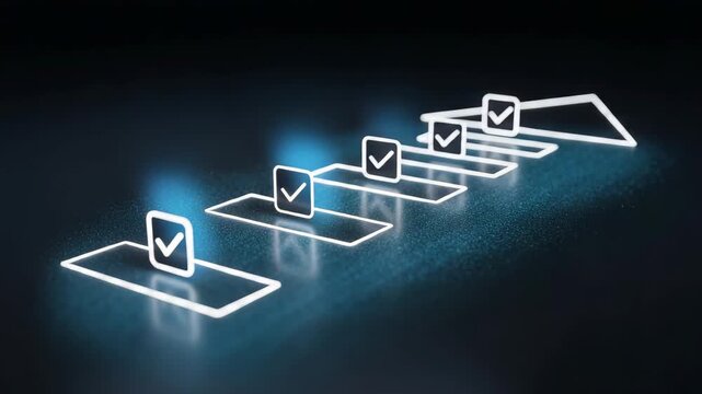 Digital Success Roadmap: A graphic representation of progress, featuring illuminated check marks on a pathway, illustrating the concept of project completion and the attainment of goals.