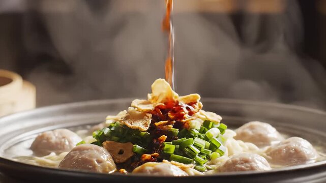Steaming Hot Pot With Meatballs, Noodles, and Garnishes Served in a Traditional Asian Restaurant
