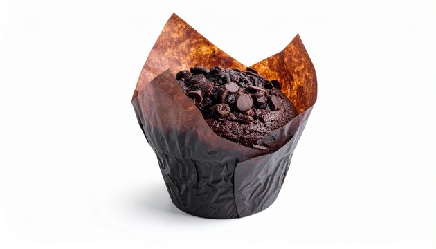 Delicious chocolate muffin with chocolate chips in decorative paper on white background for breakfast treat or dessert.