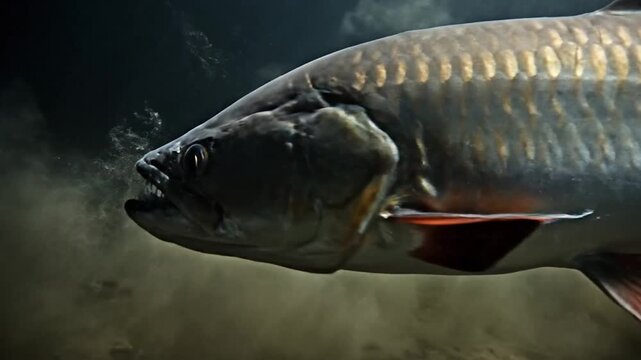 Underwater predatory fish with sharp teeth swims towards camera, sunlight rays