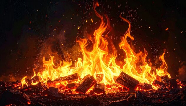 Roaring Fireplace Scene with Burning Wood and Bright Flames for Cozy Atmosphere and Warmth in Dark Night.