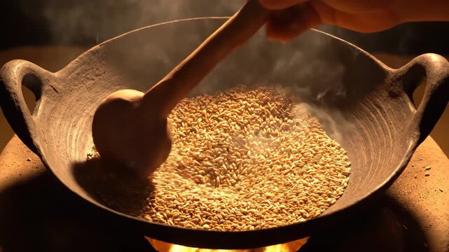 Traditional Roasting of Grains in a Clay Pot Over Open Fire.