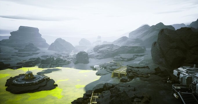 geothermal platform on acidic pool with drilling rig and extraction pad autonomous pump systems and piping network process mineralrich runoff for analysis