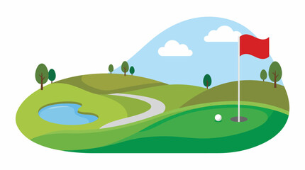 Fototapeta premium Vibrant green golf course with a red flag on a sunny day, featuring a tranquil pond and a winding path leading to the hole