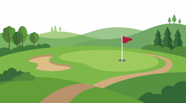 A stylized illustration of a golf course with a green, red flag, sand bunker, and rolling green hills in the background under a clear sky.