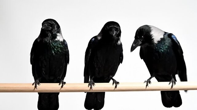 Three Crows Perched on a Wooden Bar Against a White Background