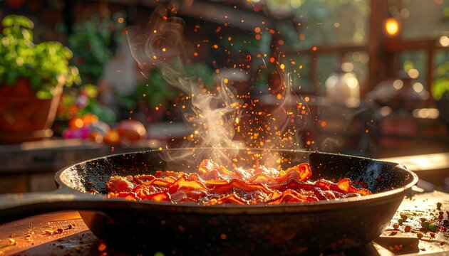 Sizzling bacon in a hot pan with smoke and oil splatters.