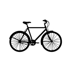 Fototapeta premium Classic black and white silhouette graphic of a traditional commuter bicycle featuring fenders and a diamond frame isolated on a white background.