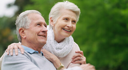 Love, smile or old couple in park with hug, healthy relationship or bonding on weekend break....