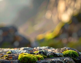 Fototapeta premium Vibrant green moss thrives on a weathered rock surface, bathed in soft, natural light with a blurred forest background.