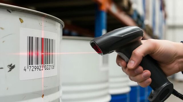 Scanning Barcode for Identification: A close-up view capturing the precise moment of a hand scanning a barcode on a metallic barrel, a symbol of meticulous inventory control and logistics efficiency.