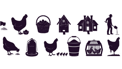 Black and white silhouette illustrations of chickens and farm related items including houses and a man with a shovel © Ajoy