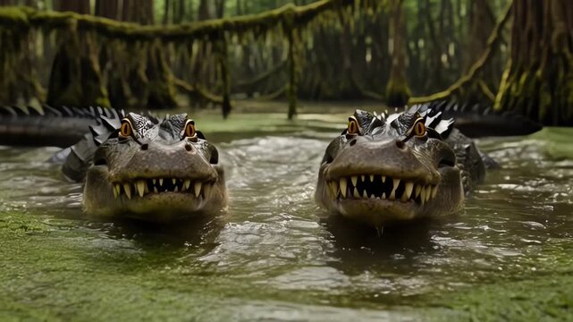 Two alligators in swampy waters face.