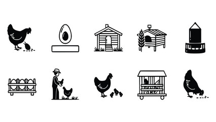 Various black and white icons depicting chickens, coops, and egg production on a farm with a farmer and transport cart. © Ajoy