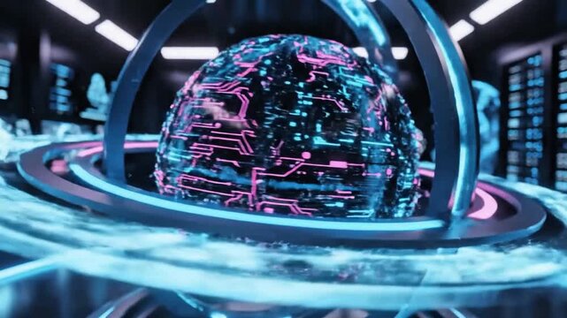 Futuristic AI Brain Sphere with Glowing Circuits and Neon Rings in a High-Tech Data Center, Symbolizing Advanced Machine Learning and Digital Intelligence