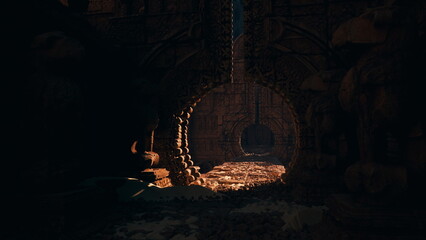 Ancient temple arch with golden treasure piled across crumbled floor beneath shaft of light, ornate circular doorway framed by carved reliefs, ambient dust © icetray
