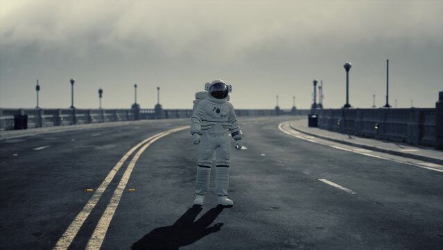 An astronaut stands alone on an empty road, surrounded by a gray atmosphere and distant streetlights. The scene evokes a sense of isolation and quiet wonder at daybreak.