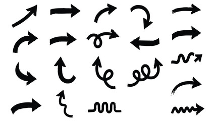 Hand drawn arrows in black on white background pointing in various directions and styles for design use