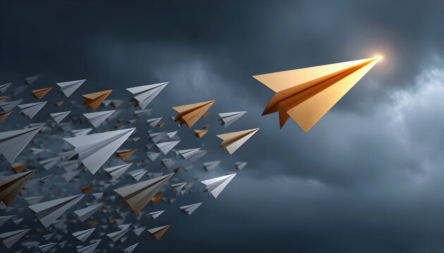 Single glowing golden arrow flying straight and true dynamically leading large disorganized group of paper airplanes through dark sky, perfect for leadership guidance and strategic