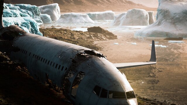 In a haunting landscape, a derelict aircraft lies abandoned on rocky ground beside an icy shoreline. Glacial icebergs float in the calm water, illuminated by golden sunlight.