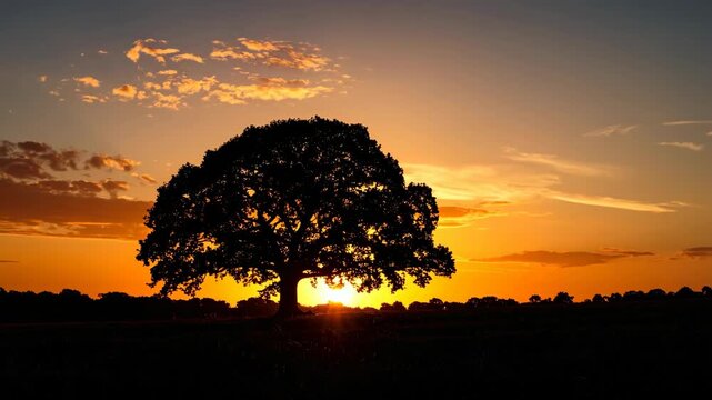 Silhouette of a majestic oak tree standing alone in a meadow during a vibrant orange and gold sunset with a glowing sun