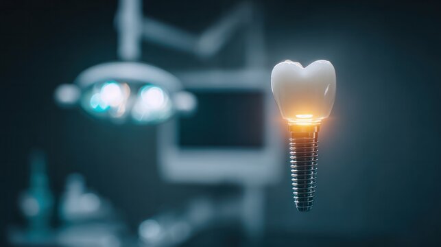Single dental implant with glowing crown in dark clinic background showcasing premium tooth replacement and restorative dentistry