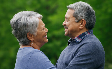 Outdoor, happy and old couple with support for connection, love or bonding together in retirement. Married, senior people and smile with loyalty for healthy relationship, commitment or trust soulmate