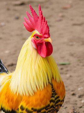 Yellow - white - black striped rooster with red caruncle on head.
