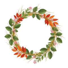 Fototapeta premium A vibrant wreath adorned with red and orange flowers and green leaves. isolated on transparent background